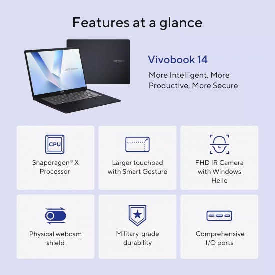 ASUS VivoBook 14 X1407QA Copilot+ PC Laptop – 14” WUXGA Display  Snapdragon X X1-26-100  16GB RAM  512GB SSD  Windows 11  WiFi 6E  Quiet Blue