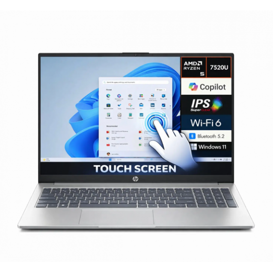 HP 15-fc0146dx Laptop, 15.6" FHD Touch Display, AMD Ryzen 5 7520U, 8GB RAM, 512GB SSD, AMD Radeon Graphics, English Keyboard, Windows 11 Home, Natural Silver